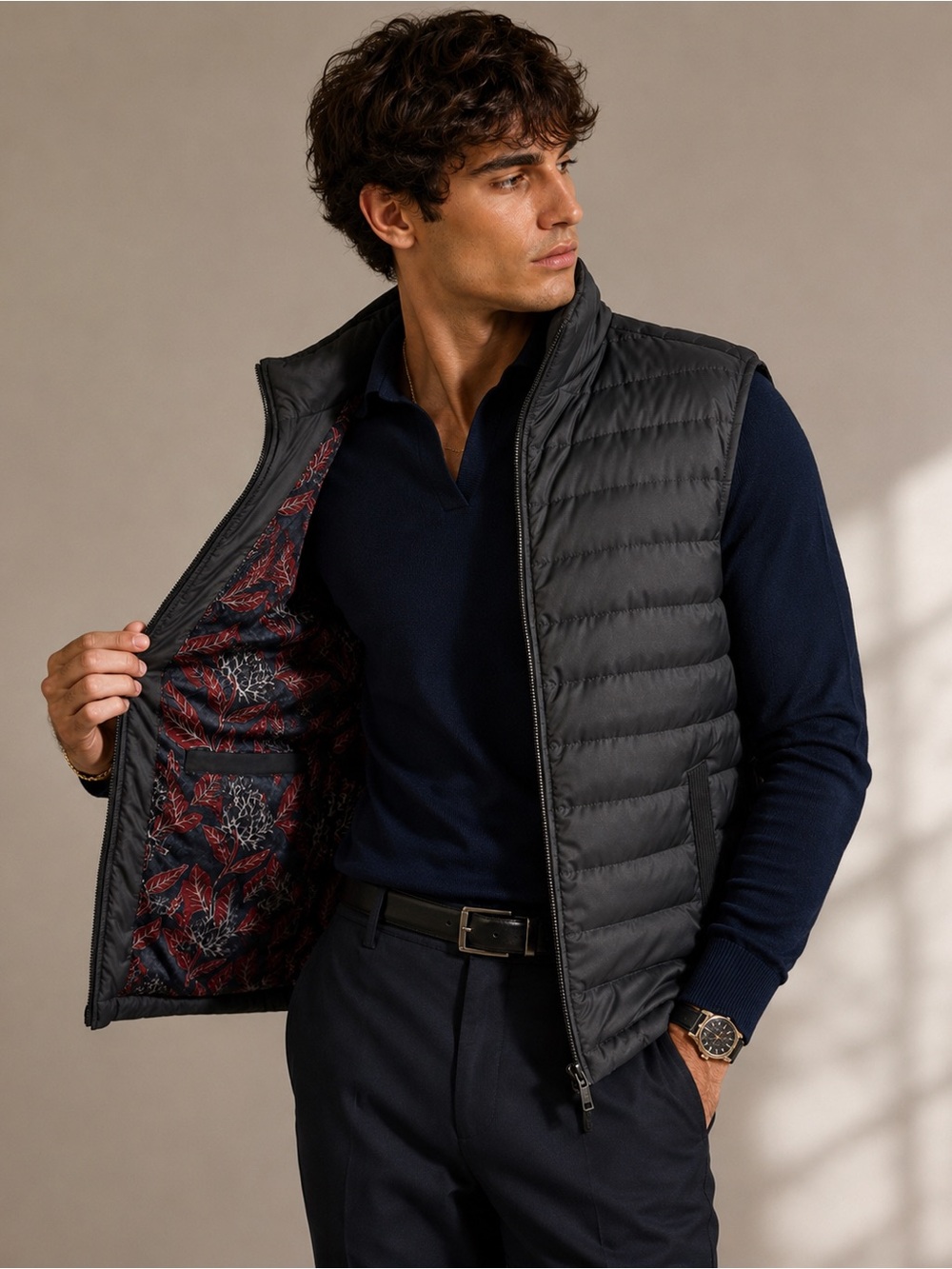 Ted Baker London Men’s Size M Quilted Down Puffer Vest Floral Lined Charcoal Gil